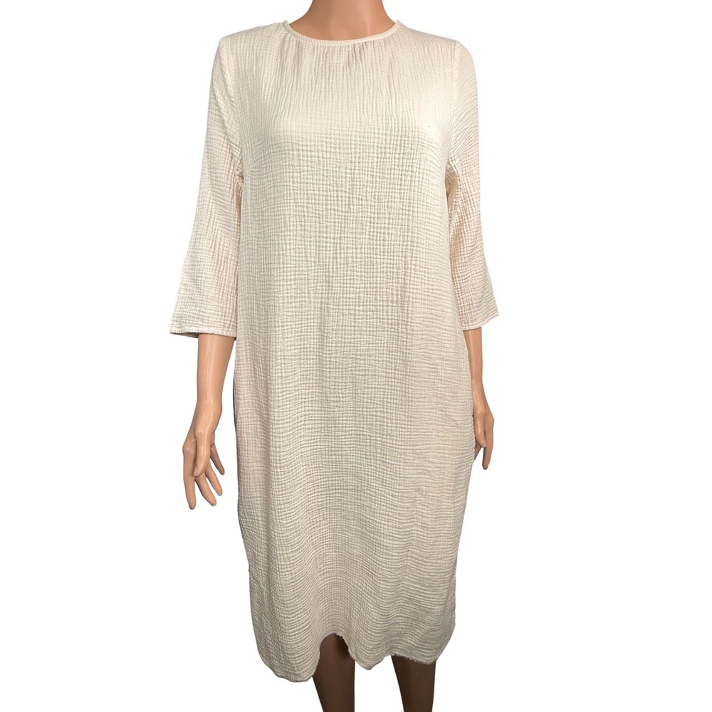Suunday Cream Cotton Double Gauze Shift Dress XL 3/4 Sleeve Midi Made in USA